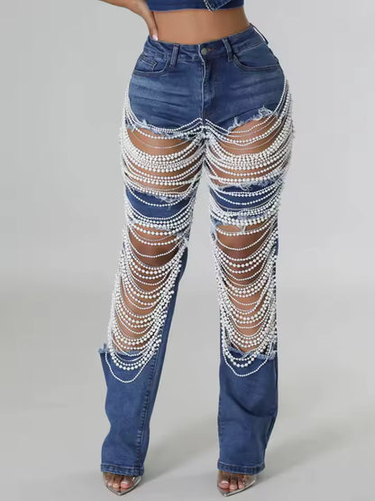 Pearl Waterfall Flare Jeans - Streetwear Boulevard