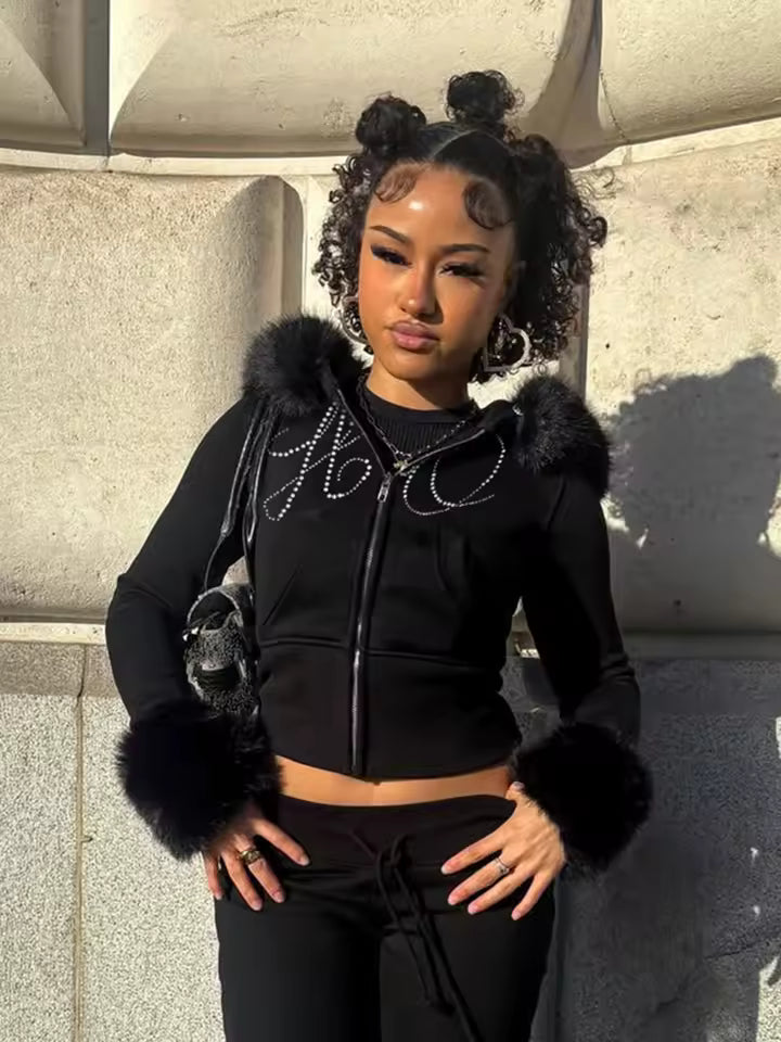 Midnight Luxe Fur-Trimmed Crop Zip-Up