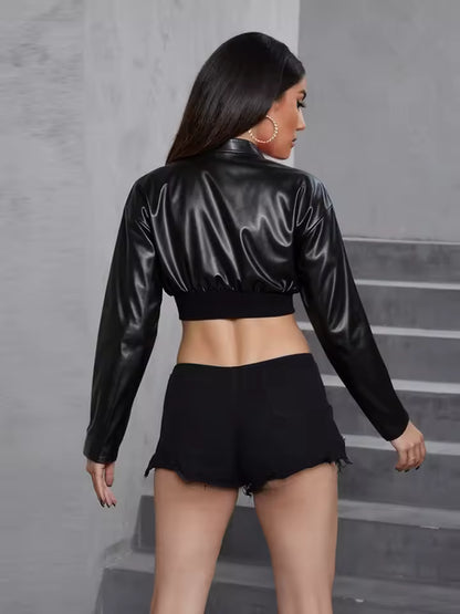 "New York 96" Faux Leather Varsity Crop Jacket