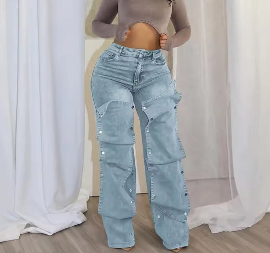 Studded Panel Wide Leg Jeans - Streetwear Boulevard