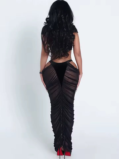 The Velvet Siren Ruched Two-Piece Maxi Set - Streetwear Boulevard