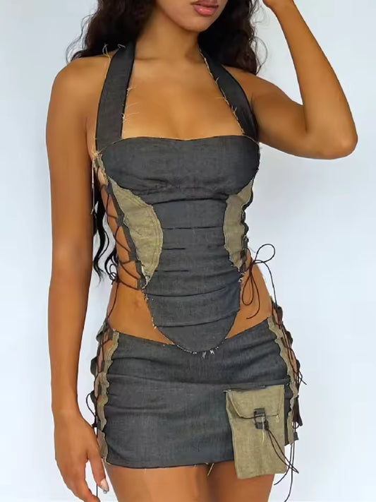 Patchwork Lace-Up Set - Streetwear Boulevard