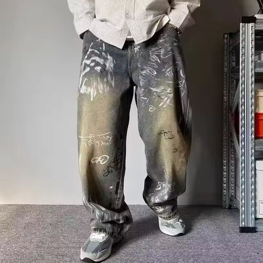 Grey Graffiti Baggy Jeans - Streetwear Boulevard