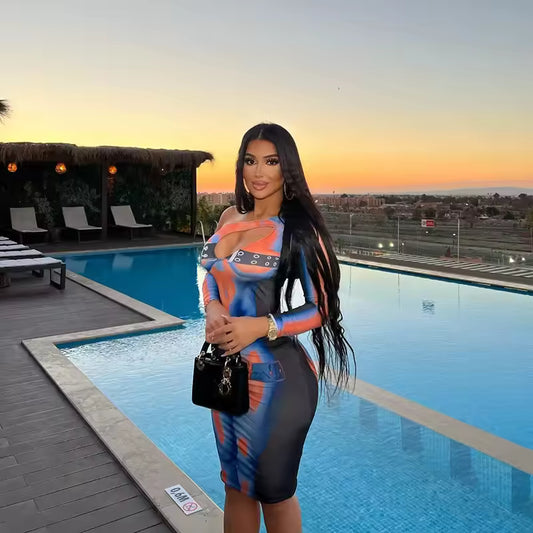 Kinetic Wave Print Sheath Dress - Streetwear Boulevard