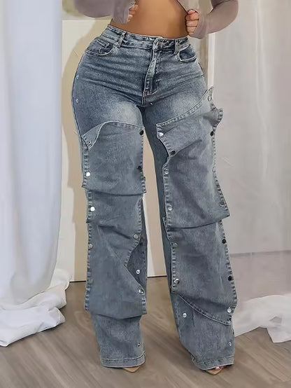 Studded Panel Wide Leg Jeans - Streetwear Boulevard