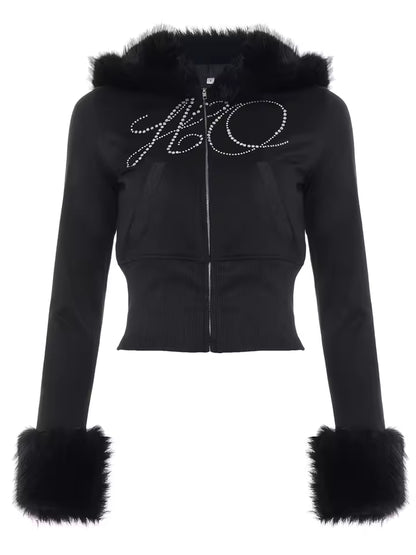 Midnight Luxe Fur-Trimmed Crop Zip-Up