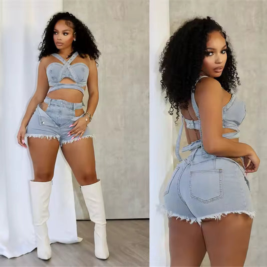 Crossover Cutout Denim Set - Streetwear Boulevard