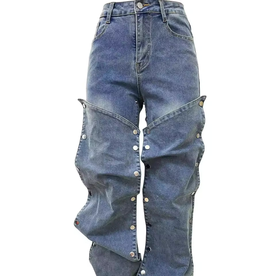 Studded Panel Wide Leg Jeans - Streetwear Boulevard