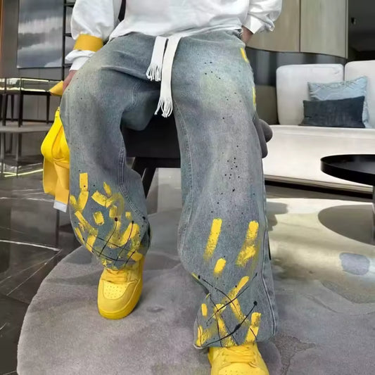 The Yellow Graffiti Brushstroke Baggy Jeans - Streetwear Boulevard
