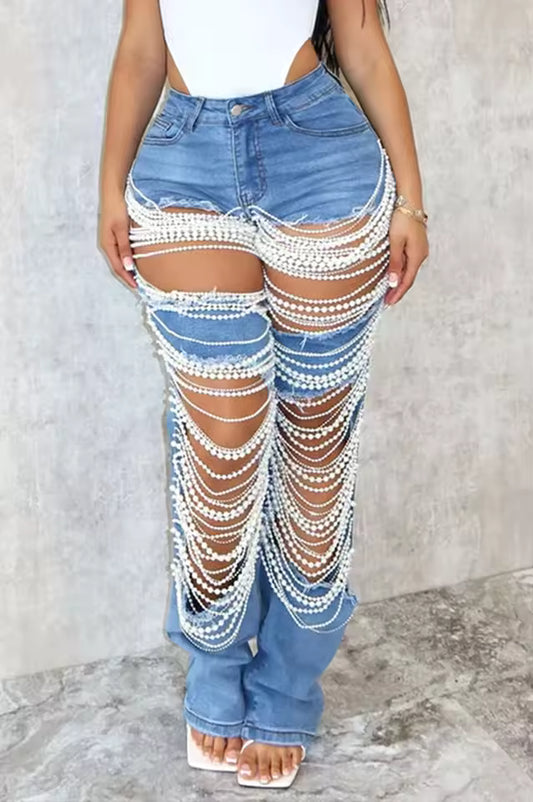 Pearl Waterfall Flare Jeans - Streetwear Boulevard