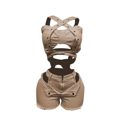 Crossover Cutout Denim Set - Streetwear Boulevard