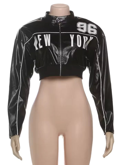 "New York 96" Faux Leather Varsity Crop Jacket
