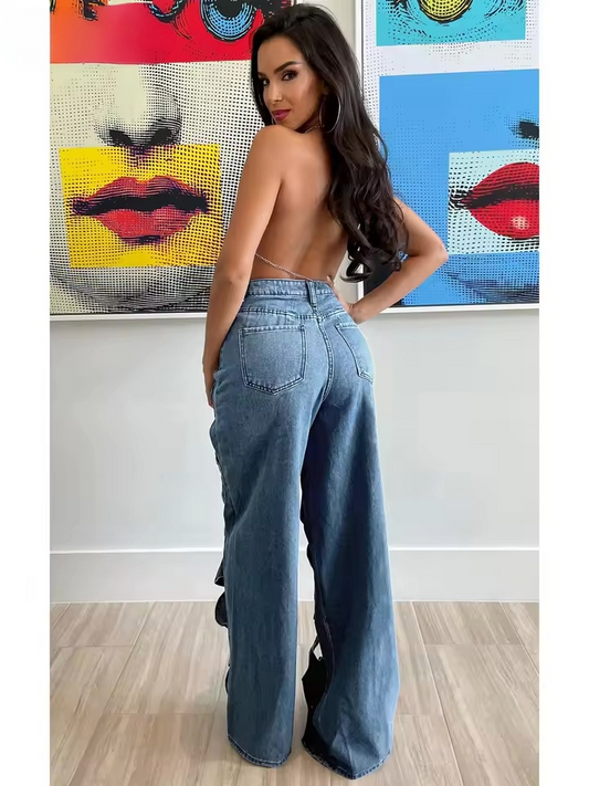 Woven Detail Denim Jeans - Streetwear Boulevard