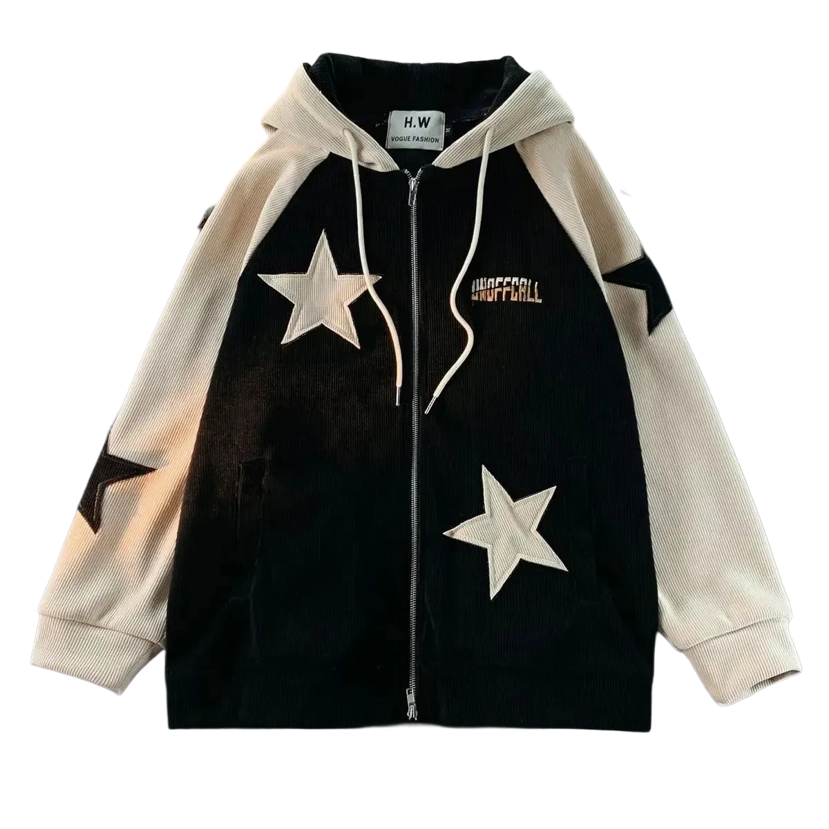 Star Panel Corduroy Zip-Up Hoodie - Streetwear Boulevard