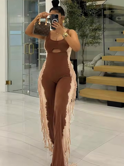 Cut-Out Fringe Flared Jumpsuit