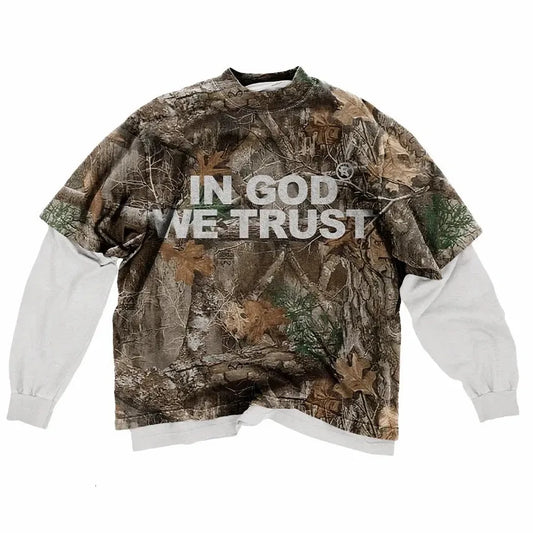 "In God We Trust" Camo Long Sleeve Shirt - Streetwear Boulevard