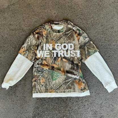 "In God We Trust" Camo Long Sleeve Shirt - Streetwear Boulevard