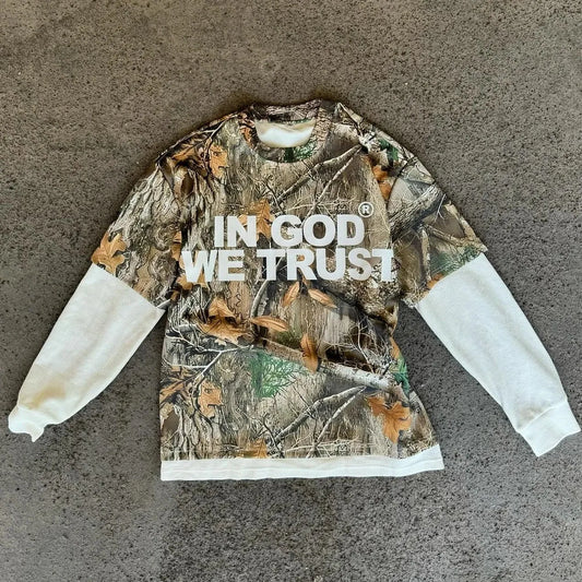 "In God We Trust" Camo Long Sleeve Shirt - Streetwear Boulevard
